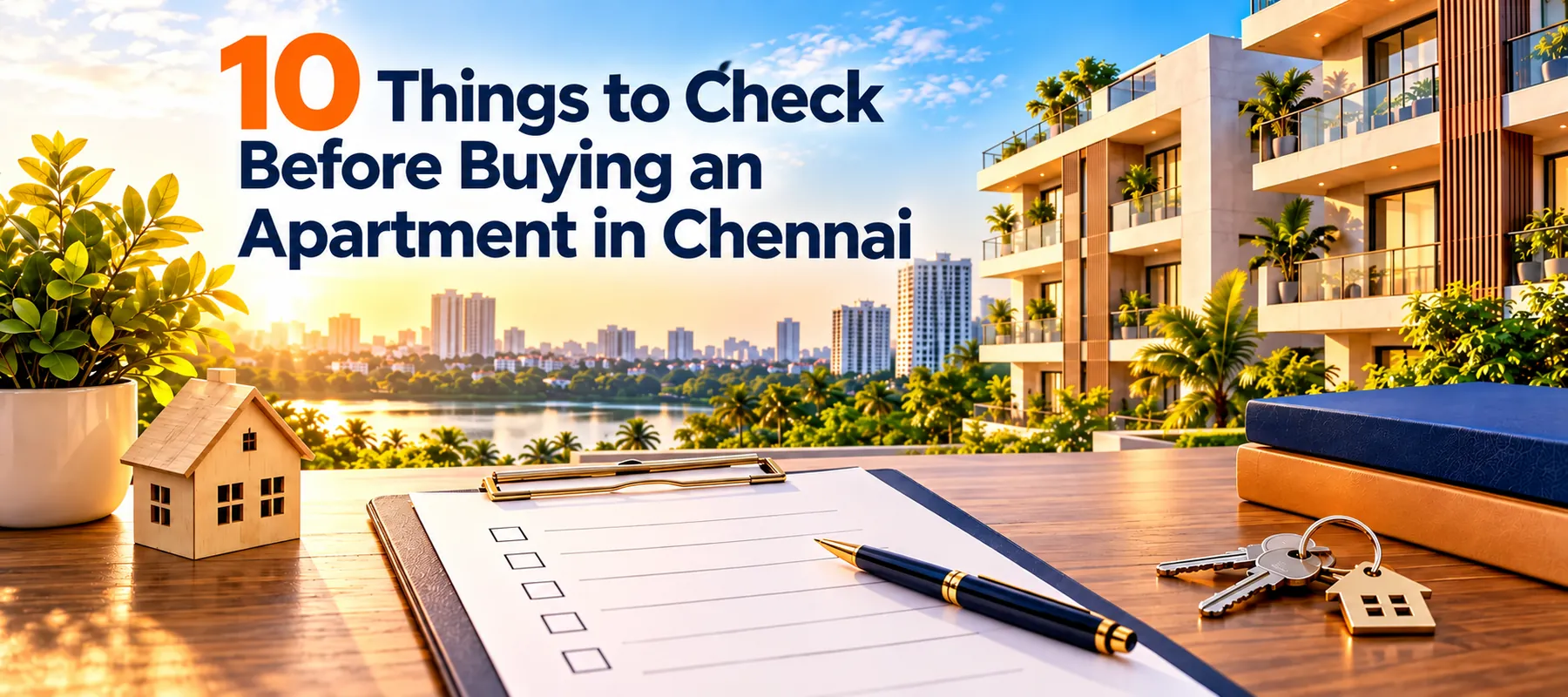 10 Things to Check Before Buying an Apartment in Chennai, over an illustration of an apartment and homebuyer checklist.
