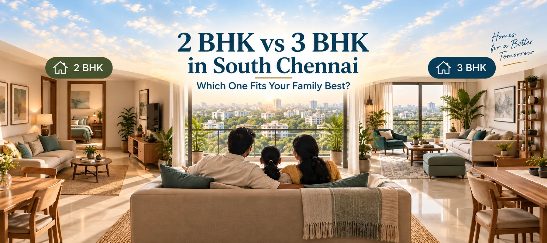 2 BHK vs 3 BHK in South Chennai: Which One Fits Your Family Best? A family compares two apartment interiors labeled 2 BHK and 3 BHK.