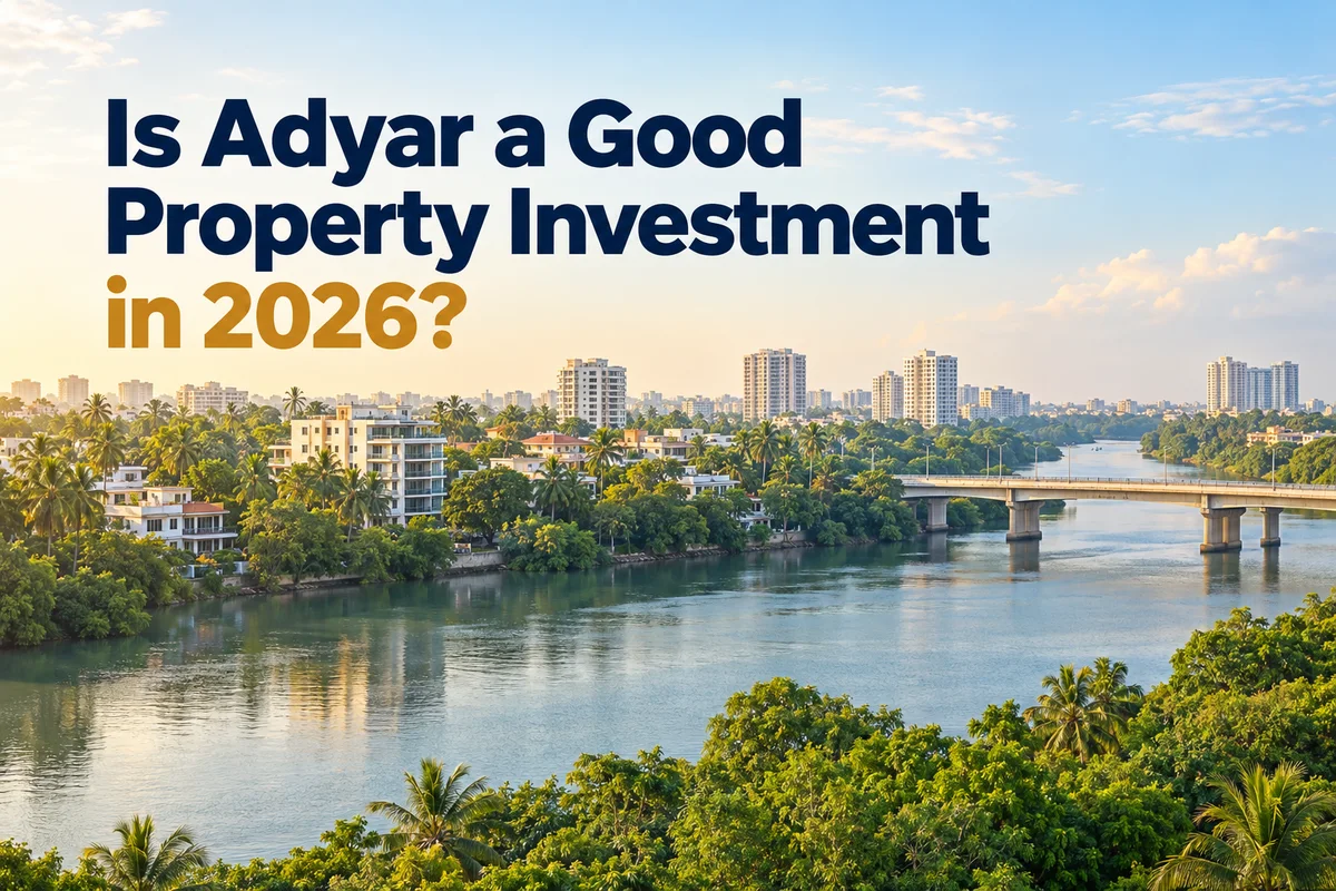 Is Adyar a Good Property Investment in 2026? Chennai skyline, river, greenery and residential buildings.