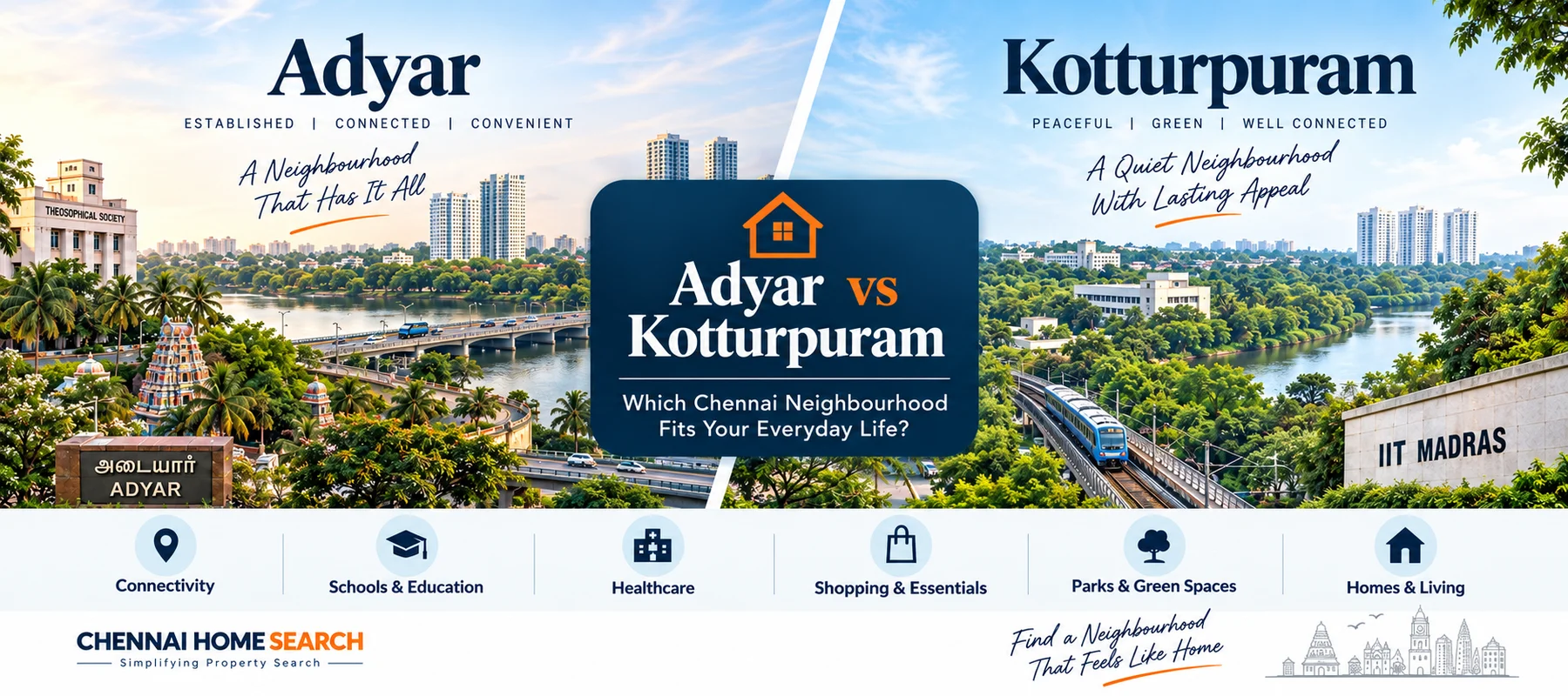 Adyar vs Kotturpuram: Which Chennai Neighbourhood Fits Your Everyday Life? Chennai Home Search comparison banner.