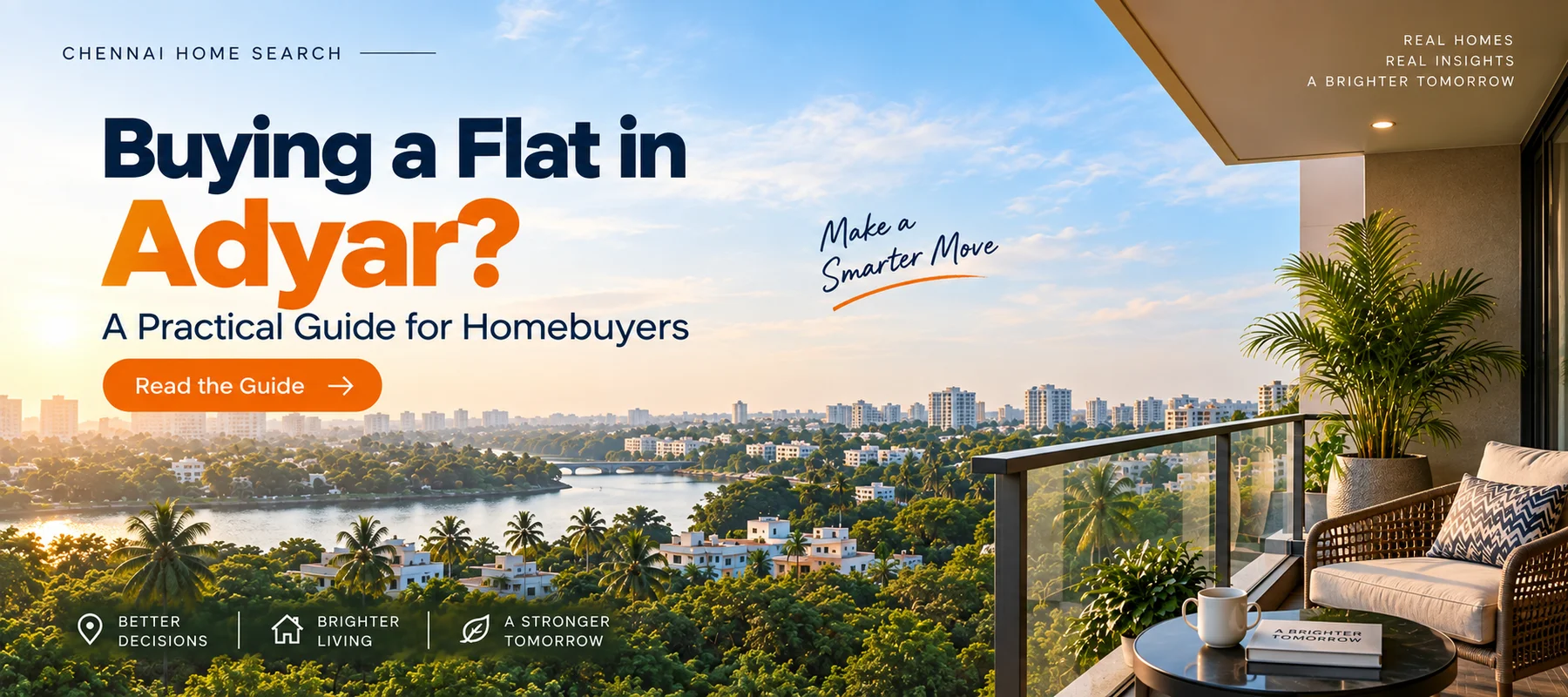 Buying a Flat in Adyar: A Practical Guide for Homebuyers, with a balcony overlooking the river and Chennai skyline.