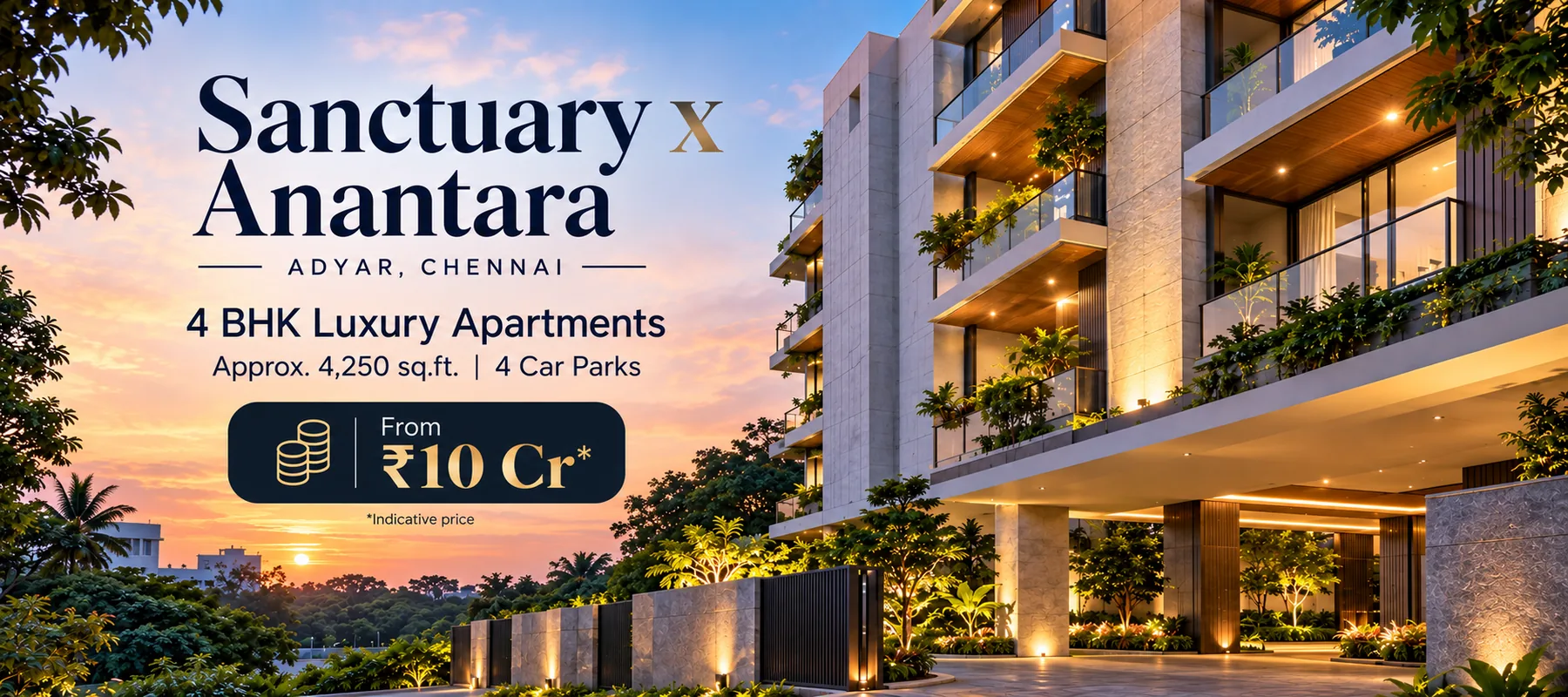 Sanctuary x Anantara in Adyar, Chennai: a panoramic illustration of luxury apartments with warm balcony lighting and tropical greenery.
