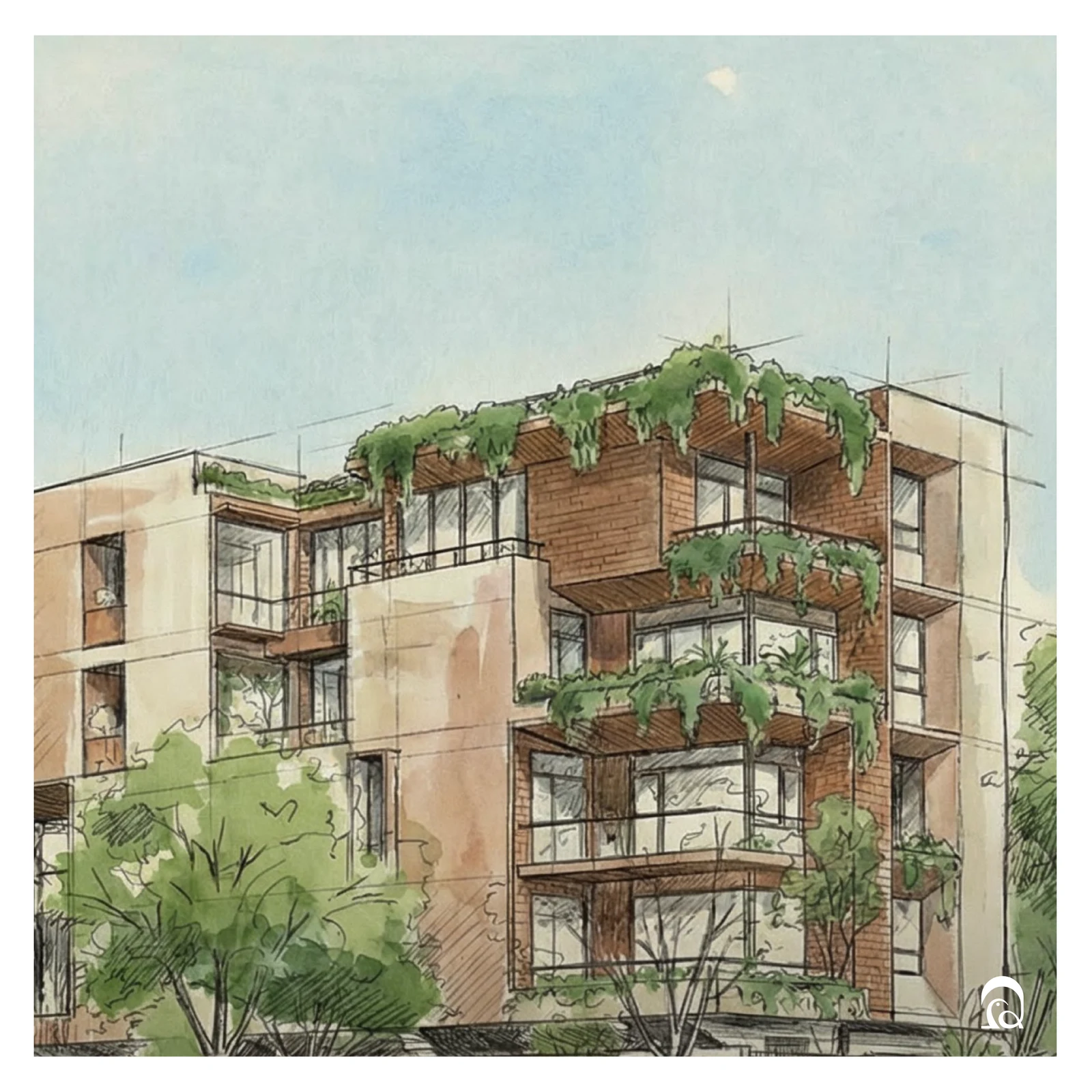 Watercolour architectural elevation of Anantara in Adyar